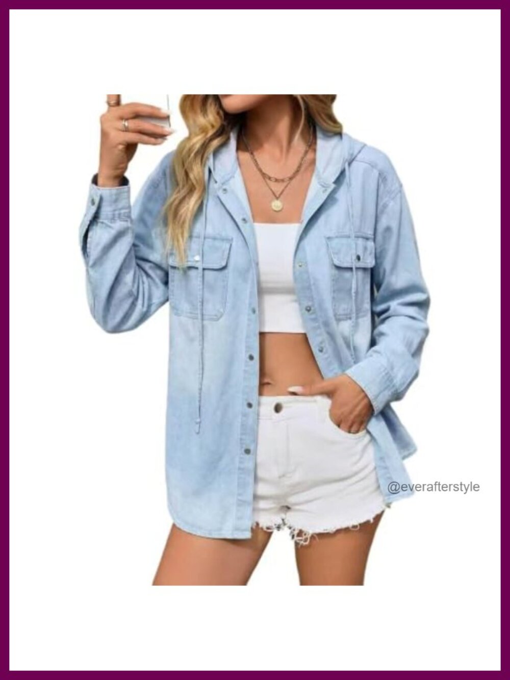 Oversized Denim Snap Button Hooded Shacket Long Sleeve Blouse Top